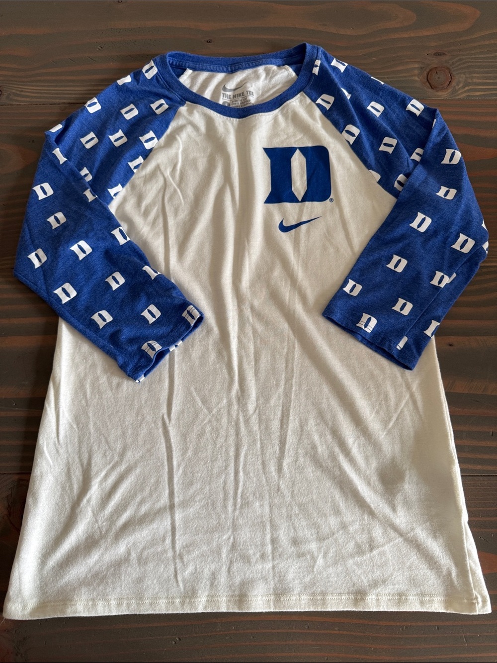 NWOT Nike White Tee with Blue Raglan 3/4 Sleeves and Duke Logo